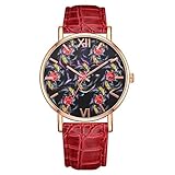 Damen Armbanduhr, Elegante Uhr mit Lederriemen und rundem Zifferblatt mit Blumenmuster für die Dame Geschenk(Rot)