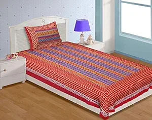 EarlyMart 140 TC Cotton Floral Comfort Rajasthani Jaipuri Traditional Sanganeri Print Bedsheet with Pillow Cover - (Single_042 , Red )