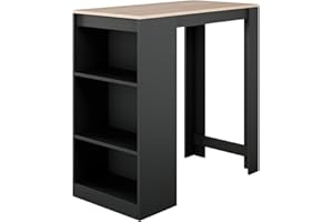 MB Muebles Bonitos, Mesa Alta Bar Kyra, Barra Cocina de Estilo Moderno con 3 Estantes, Melamina Mate, Negro y Sonoma, 110x103x50 cm