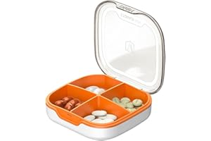SAGASAVE Portapillole portatile con scomparto per pillole, organizer per vitamine e medicine, per uso quotidiano e da viaggio, 4 scomparti, bianco e arancione