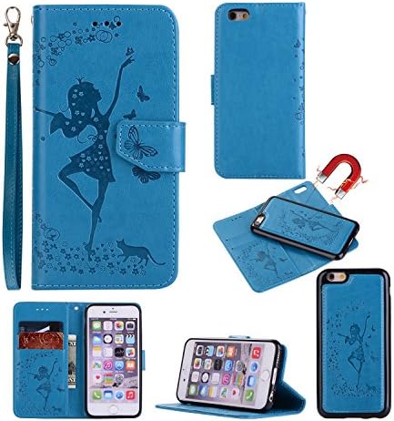 TSAOYA Removable Wallet Case [Premium PU Leather][2 Card Holder] [Wrist Strap] [Magnetic Closure] Embossed Detachable Slim Back Cover Shell Case Protective for iPhone 8,6,6s,7 (4.7”) / 8P,6P,6sP,7P (5.5”)(iphone 6/6s plus, blue)