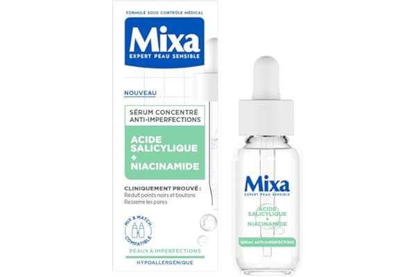 Mixa Sérum Concentré Anti-Imperfections, Sérum Visage avec Niacinamide et Acide Salicylique - Réduit Boutons, Points Noirs, Pores Resserrés, Convient aux Peaux Sensibles et à Imperfections, 30ml
