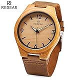 Redear Frauen Quarz-Armbanduhr aus Holz Lederband Luminous Pointer Analog Armbanduhr, Braun Zifferblatt
