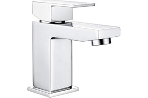 HPWVKVDB Bathroom Sink Taps Mixers Square Basin Taps, Monobloc Basin Mixer Tap 1 Hole Bathroom Taps with Hot and Cold Hoses for Bathroom, Washroom, Cloakroom, Chrome