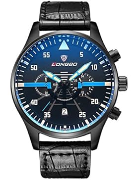 anständige blau leuchtende Quarzuhr der Männer mit schwarzem High-End-Multifunktions-Leder schwarz Datum Tauchuhr