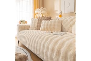 TOPCHANCES Soft Thick Plush Sofa Cushion Covers - New Non-Slip Sofa Covers 1 2 3 Seater Couch Covers, Fluffy Faux Fur Corner Sofa Cushion Cover L Shape Furniture Protector for Living Room (Beige, 70x210)