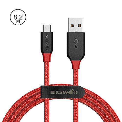 Micro USB Kabel, BlitzWolf 2.5m Nylon Datenkabel Micro USB Android Ladegerät mit Klettverschluss für Android, Samsung Galaxy S7 Edge / S6 / S5 / S4, Hinweis 5/4/3, HTC M9, Xperia Z3 Z2 , Moto X, LG, Sony, Nokia, Tablets, Power Bank (Rot & Schwarz)