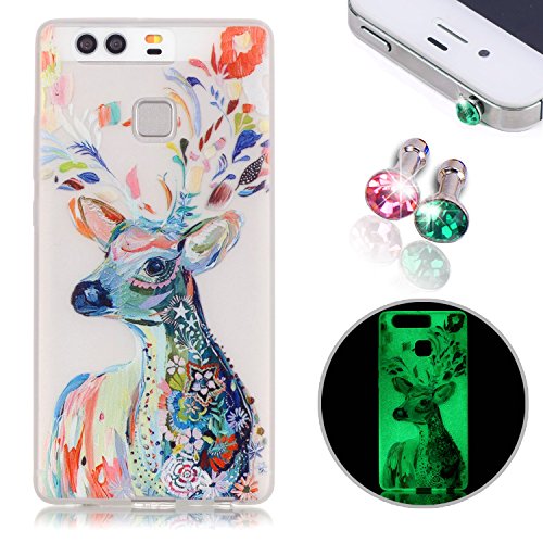 Preisvergleich Produktbild Huawei P9 Hülle,Huawei P9 TPU Hülle,Huawei P9 Silikon Case Schutzhülle,Pershoo TPU Schutzhülle für Huawei P9,Kreative Bunt Hirsch Night Luminous Glow Series Muster Design Soft Flexible Transparent Crystal Scratch-Resistant Gel Scratch-Resistant Gel Silikon Schutzhülle Rückseite Handy Tasche Cases Covers Etui Bumper für Huawei P9 + 2x Glitzer Diamant Rhinestone Staub Stecker-Bunt Hirsch