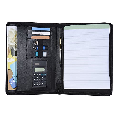 aibecy A4  cuero PU carpeta Bloc de notas con calculadora y cremallera Varios compartimentos multifuncional Business carpeta carpeta de conferencias Portfolio documentos Organizador para Escuela y trabajo