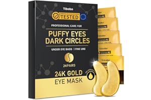 TIBOBO 24K Gold Under Eye Patches, 24 Pairs Gel Eye Pads Skincare, Collagen Hyaluronic Acid, Against Dark Circles, Self Care Mask for Bags, Puffiness, Wrinkle Removal, Dermatologically Tested