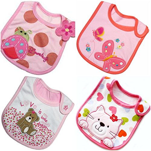 Lätzchen, aus 100 % Baumwolle, bestickt, super saugfähig, durch Klettverschluss verstellbar, vollständig gefüttert mit wasserdichter Innenschicht, Einheitsgröße, für Mädchen, schönes Geschenk zur Babyparty, 4 Stück