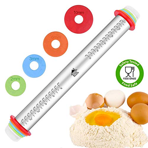 Rouleau à pâtisserie en acier inoxydable, forme de rouleau et n'importe quel Pâte avec rouleau à pâtisserie réglable amovible à l'aide de 4 anneaux de guidage (2,3,6 et 10 mm) pour Fondant