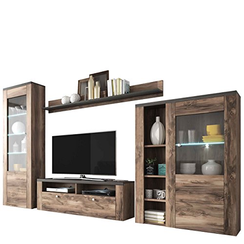 Mirjan24 Wohnwand Larona 10 Anbauwand Wohnzimmerschrank Schrankwand Wohnzimmer-Set (ohne Beleuchtung, Nuss Satin/Touchwood)