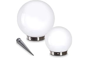 HOFSTEIN Lampa solarna Nassau, zestaw 2 lamp kulistych, lampy kuliste z białego tworzywa sztucznego, Ø 15 i 20 cm z kolcem uziemiającym, z włącznikiem/wyłącznikiem, lampy solarne z wyłącznikiem zmierzchowym
