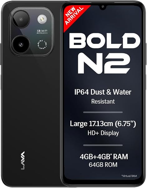 Lava Bold N2 (Indus Black, 4 GB RAM, 64 GB Storage) | 13MP AI Dual Rear Camera | Largest 6.75" HD+ Display | 5000 mAh Battery & 10W Charging | IP64 Water & Dust