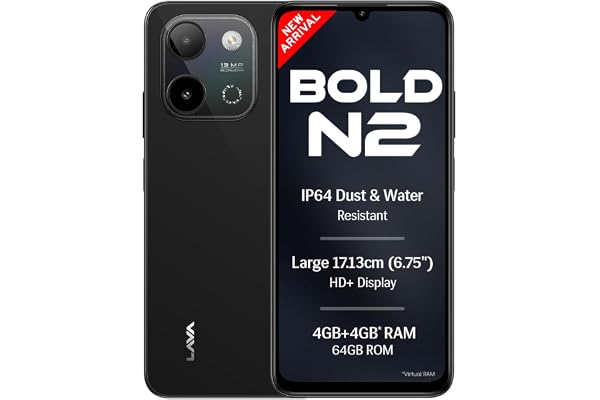 Lava Bold N2 (Indus Black, 4 GB RAM, 64 GB Storage) | 13MP AI Dual Rear Camera | Largest 6.75" HD+ Display | 5000 mAh Battery