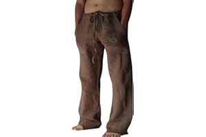Puimentiua Pantalones Lino Hombre Verano Casual Pantalon Anchos Hombre de Lino y Algodón Transpirables Cómodos con Cordón Bolsillos Laterales Elegantes para Vacaciones Playa