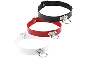 Aabellay 3PCS Choker Necklace PU Leather Goth Choker Collar Metal Ring Punk Rock Collar Adjustable Size – Black White Red