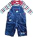 9-12 months - Baby Boys Gorgeous Blue Dinosaurs Racing Denim Dungarees with Stripey Long-sleeved Top Outfit
