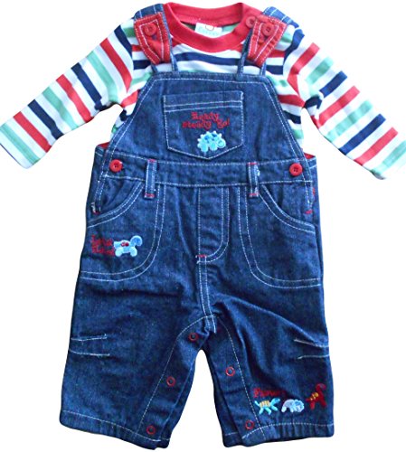 9-12 months - Baby Boys Gorgeous Blue Dinosaurs Racing Denim Dungarees with Stripey Long-sleeved Top Outfit