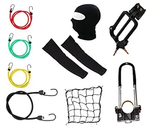 A2D Bike Travel Combo Helmet Lock+ Tyre Lock+ 4-Bungee Cords+ Utility Net+ Face Mask & Arm Sleeves For Yamaha RX135 with DISC