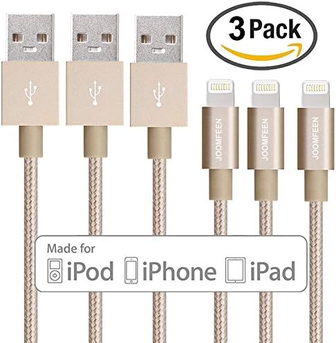 iphone Charger, JOOMFEEN 3Pack 3ft/1M Lightning Cable 8pin Nylon Braided USB Charging Cord Syncing Wire for Apple iphone 7/7 Plus/se/6s/6s plus/6plus/6,5s/5c/5,iPad Mini/Air/Pro,iPod (Gold)