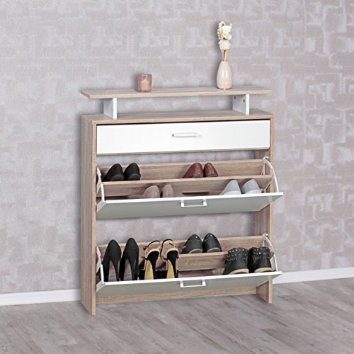 FineBuy Schuhkipper mit Schublade Sonoma Eiche Weiß 80 x 94 x 23 cm | Schuhschrank Schmal mit Ablage Schuhkommode für bis zu 16 Paar Schuhe | Schuh-Regal für Flur-Möbel platzsparend - 7