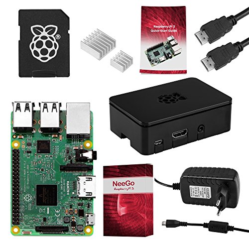 Raspberry Pi 3 KOMPLETTES Starter Kit, Black, 16GB Edition - Pi3 Model B Barebones Computer Motherboard 64bit Quad-Core CPU 1GB RAM, Black Pi3 Case, 2,5A Netzteil, 183cm HDMI Kabel, 2 Wärmeableiter