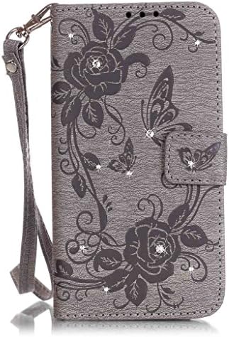 JGNTJLS iPhone 6Plus/6sPlus Embossing Crystal Pure-Colorful Leather Case[Free Tempered Glass Screen Protector], With Hand Wrist Strap, Embossing-Stripes, Shining-Crystal Stick-up, Pure-Colorful Design, Flip PU Leather Wallet Card Slot Stand Case Cover For Apple iPhone 6Plus/6sPlus 5.5" Inch (Silver Gray,Butterfly,Flower)