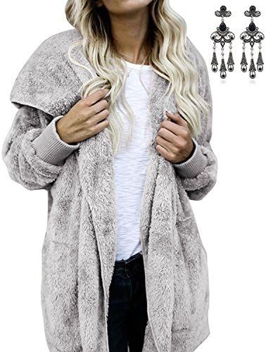 Modetrend Women Fluffy Coat Open Front Casual Jacket Fuzzy Soft Long Sleeve Baggy Warm Hoodie Reversible Outwear,Grey,Medium