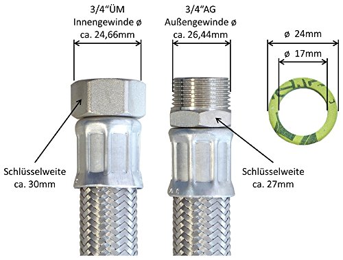 Panzerschlauch 3/4″ÜM x 3/4″AG, Flexschlauch DN19 mit Edelstahlumflechtung - 2