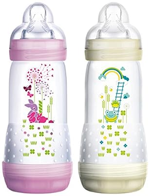 MAM Easy Start 2 Biberons Anti-Colique 320 ml 0 Mois + - Couleur : Rose et blanc