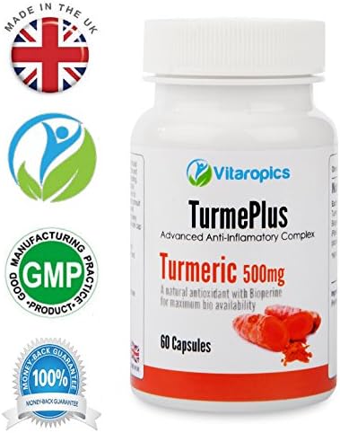 Turmeric Capsules of the Highest Strength with Black Pepper by Vitaropics - TurmePlus contains 500mg of Turmeric &amp; 5mg Bioperine to Ensure Maxiumum Absorption and Provide Joint Care and Pain Relief from Natures Anti-Inflammatory. 60 Vegetarian and Vegan Friendly Capsules of the Highest Purity Manufactured in the UK.