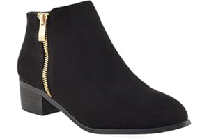 ESSEX GLAM Womens Ladies Low Heel Block Cowboy Style Ladies Gold Zip Western Ankle Boots Size 3-8