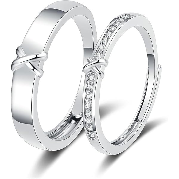 Set Di Anelli Di Coppia In Argento 925 Con Cristalli CZ - Regolabili E Aperti Per Fidanzati E Fidanzate