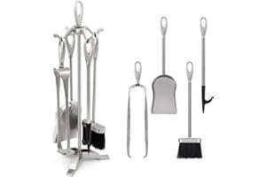 AMAGABELI GARDEN & HOME Amagabeli 5 Stück 25.2"(64cm) Kaminwerkzeuge Sets Silber Schmiedeeisen Kaminzubehör Indoor für Holzständer Feuerstelle Ständer Feuerzange Schaufelbürste Schornstein Poker Holzofen Herd Werkzeugset