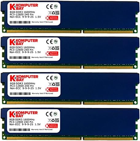 Komputerbay 32GB ( 4 X 8GB ) DDR3 PC3-12800 1600MHz DIMM with Low Profile Blue Heatspreaders 240-Pin Dual / Quad Channel RAM Desktop Memory KIT 9-9-9-24 XMP ready
