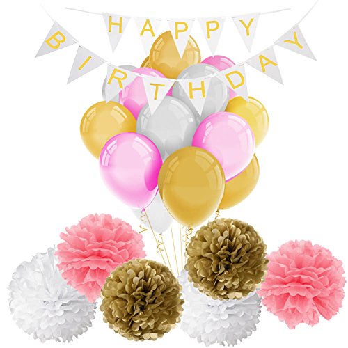 Alles Gute zum Geburtstag Dekorationen Banner mit Gewebe Pom Poms Blumen und Latex Party Ballons von Paxcoo
