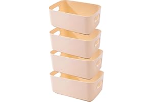 EURXLQ 4 Pezzi Cestini Portaoggetti Plastica Scatole Organizer con Manici,Contenitori per Armadio,Contenitore Plastica,Organizer Portaoggetti per Cucina Bagno Cosmetici (Beige, 25×18×10 cm)