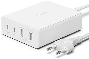 ‎BELKIN Belkin 108-W-GaN-USB-Ladestation für mehrere Geräte, schnelles Ladegerät mit 2x USB-C und 2x USB-A, Dock/Hub für MacBook Pro, iPhone 17, iPhone Air, iPad, Galaxy S25, Pixel 10, Laptop, usw - Weiß