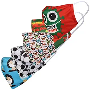 Creative Kids Unisex Twin Layered Digital Print Reusable & Washable Face Mask For Boys & Girls - Pack of 5