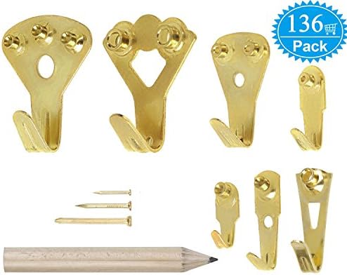 Picture Hangers, BeskooHome Picture Hooks 136 Pieces Heavy Duty Picture Hanging Kit with Nails for Wall Mounting ,Holds 10-100 lbs - Golden