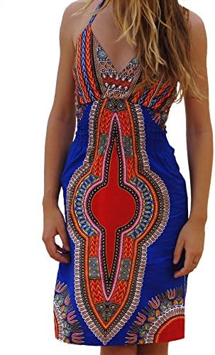 100% Cotton Vivid Print Beach Dress - Dutch Wax Festival Tribal African Boho Hippy Dashiki (M (UK 10), BLUE)
