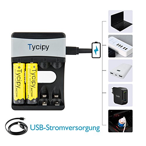 Tycipy LED Akku Ladegerät für Ni-MH/Ni-CD AA/AAA Akkus, Universal Akkuladegerät für 800mAh 5V 4 AA/AAA Batterien mit mit LED-Anzeige Schwarz - 3