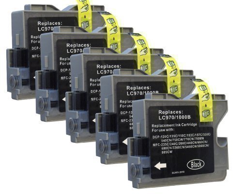 5 Druckerpatronen für Brother black (Schwarz) ersetzt LC970 LC1000 DCP-130C DCP-135C DCP-150C, DCP-330C DCP-350C DCP-357C DCP-540C DCP-560CN DCP-750CW DCP-770CW MFC-235C MFC-240C, MFC-260C MFC-440CN MFC-465CN MFC-660CN MFC-680CN MFC-845CW MFC-885CW MFC-3360CN MFC-5460CN MFC-5860CN