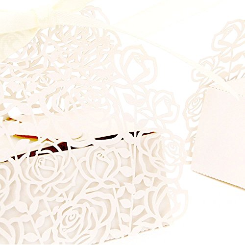 lavinaya 50 pro Packung Roses Blumen Hochzeit Candy Box Chocolate Candy Halterungen Bonbonniere Partyzubehör – edel schimmernd Laser Schnitt mit Bänder für Bridal Dusche, Hochzeit, Party, Geburtstag Geschenk beige - 2