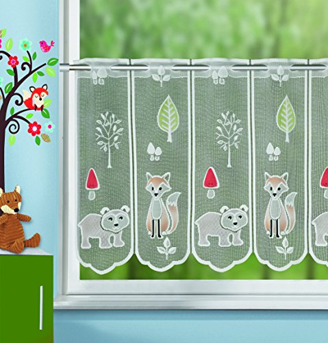 Bezaubernde Bistrogardine " WALDTIERE " Scheibengardine mit praktischem Stangendurchzug - zartes Voile mit niedlichen Füchsen und Bären - halbtransparent - Scheibengardine für Küche oder Kinderzimmer - Bistrogardine - ein Schmuckstück in jedem Raum - aus dem KAMACA-SHOP