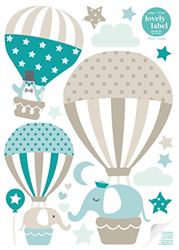Preisvergleich Produktbild lovely label Wandsticker selbstklebend HEISSLUFTBALLONS TAUPE / MINT / PETROL - Wandaufkleber Kinderzimmer / Babyzimmer mit Tieren in versch. Farben - Wandtattoo Schlafzimmer Mädchen & Junge, Wanddeko Baby / Kinder