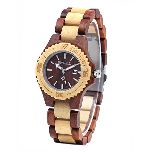 Bewell W020AL Damen Kalender Quarz Analog Fashion Mode Ahorn natürliche Runde Leuchtende Hypoallergen Holz Uhren (Rot und Ahorn Sandelholz) Bewell W020AL Damen Kalender Quarz Analog Fashion Mode Ahorn natürliche Runde Leuchtende Hypoallergen Holz Uhren (Rot und Ahorn Sandelholz)