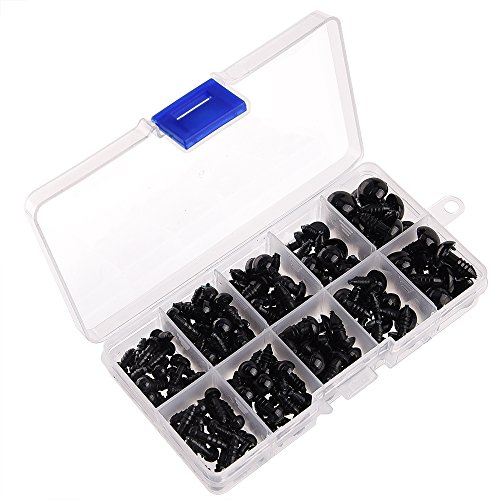 KUUQA 150 Stück 6 – 12mm Kunststoff Sicherheit Augen mit Unterlegscheiben für Puppe, Marionette, Plüschtier (Schwarz) - 7